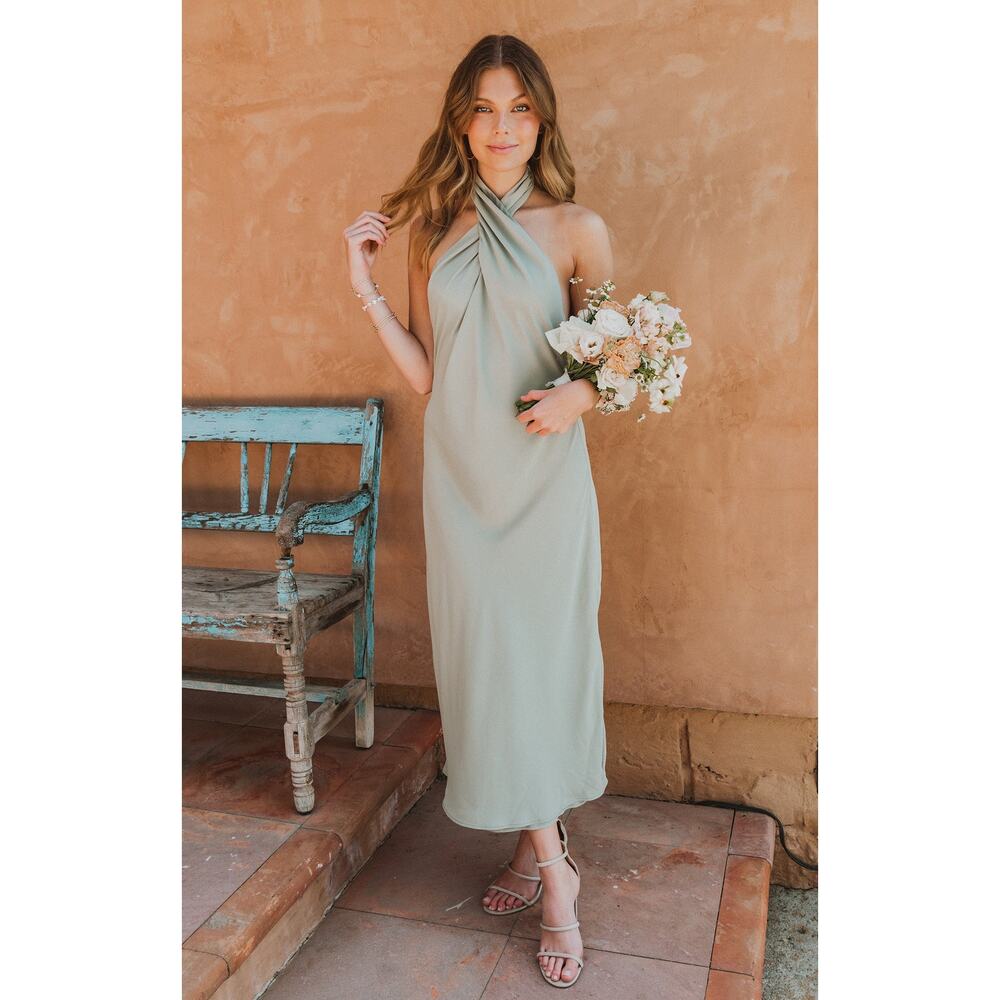 Show Me Your Mumu Jasmine Halter MIDI Dress Moss Green Crisp M